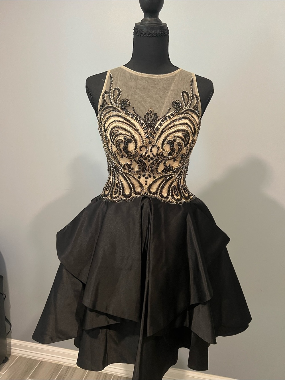 Black & Nude Beaded Fit-and-Flare Mini Dress